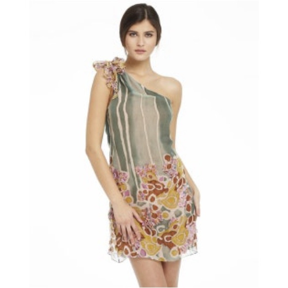 DVF Silk One Shoulder Dress Asymmetrical Statement Print Midi Size 12